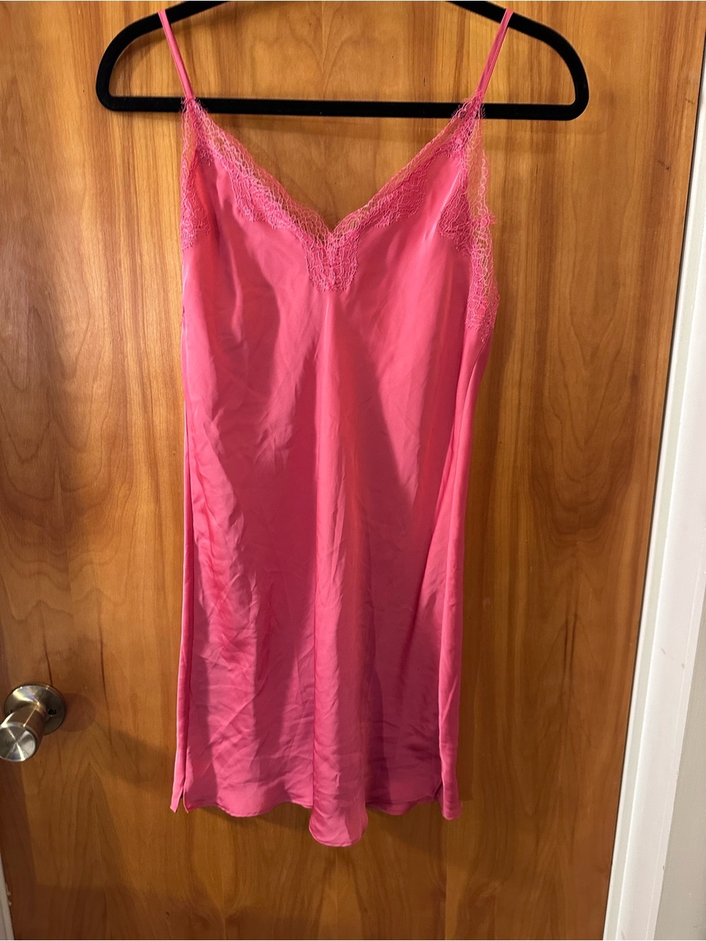 Victoria's Secret Hot Pink Satin Lace Trim Slip Chemise